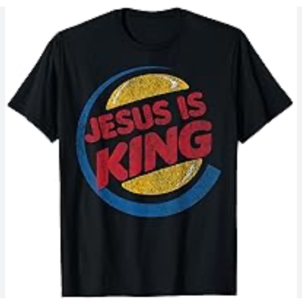 Port and Company Men Black Tee with Red, Yellow & Blue 'Jesus Is King' Graphic